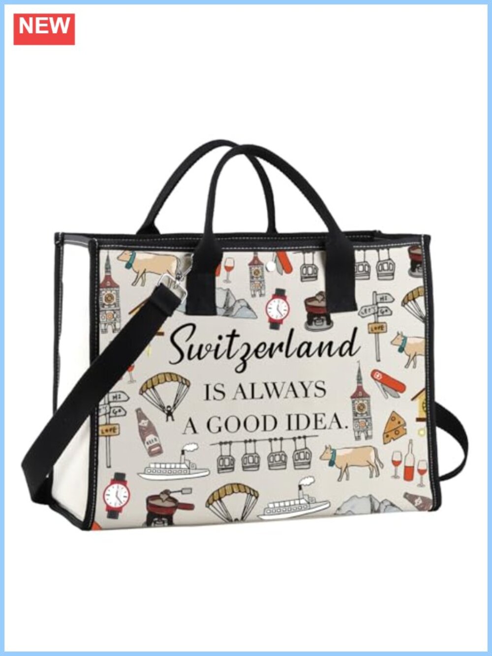 Cotton Canvas Tote Bag Switzerland Mountain Print Shopping Work Travel Gift
